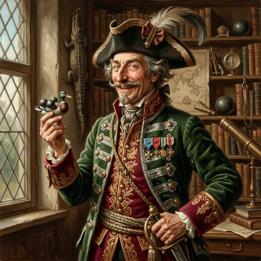 Smiling man in ornate 18th-century military uniform holding a wooden duck figurine inside a study with books, maps, and navigation tools