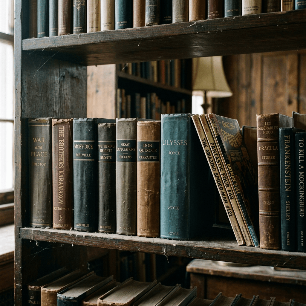Books including War and Peace, The Brothers Karamazov, Moby-Dick, Wuthering Heights, Great Expectations, Don Quixote, Ulysses, classic comics, Dracula, Frankenstein, and To Kill a Mockingbird on a wooden shelf
